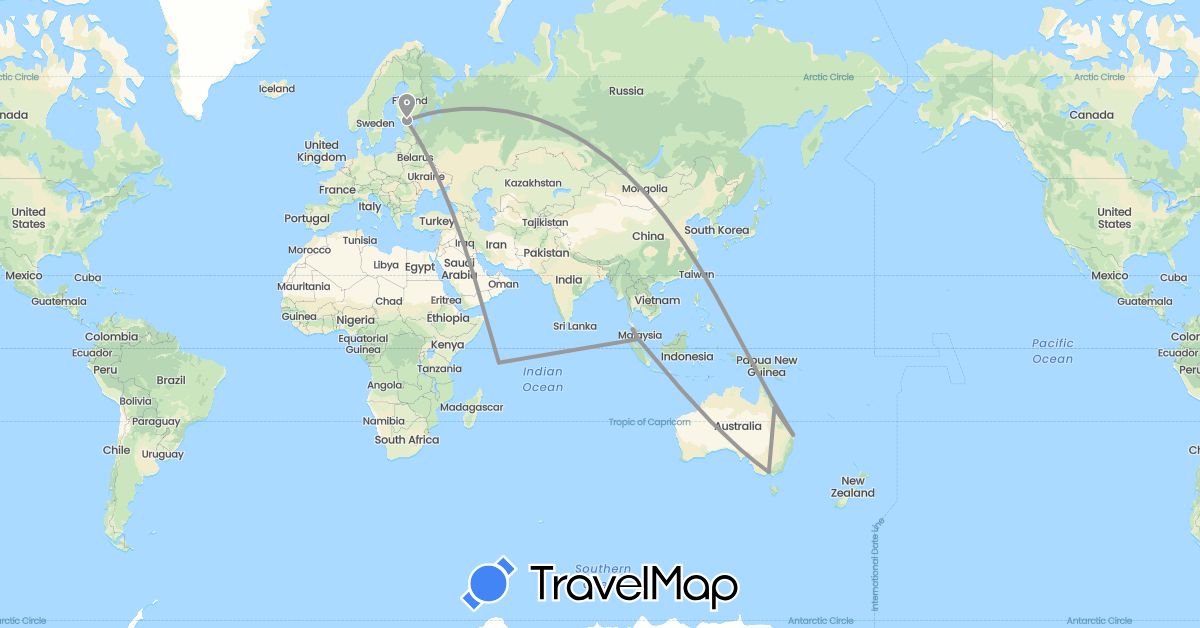 TravelMap itinerary: driving, plane in Australia, Finland, Malaysia, Seychelles (Africa, Asia, Europe, Oceania)
